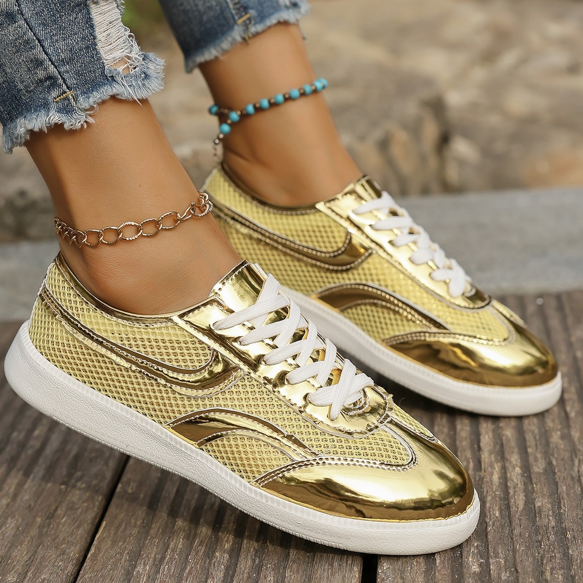Knit Fabric Lace Up Sneakers - Nieuwe damessneakers Ademend gebreid mesh sportschoenen