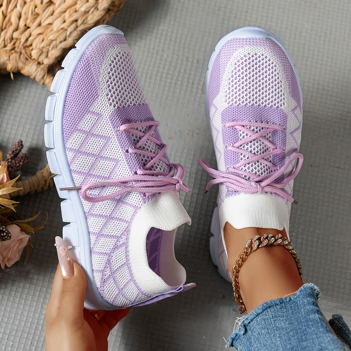 Knit Fabric Lace Up Sneakers - Gebreide damessneakers met ruitpatroon, ademend, lichtgewicht,