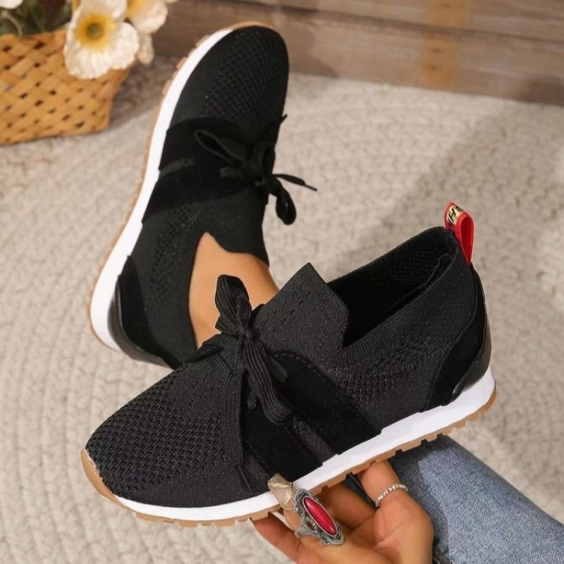 Knit Fabric Lace Up Sneakers - Nieuwe Zwarte Gebreide Ademende Dames Sneakers