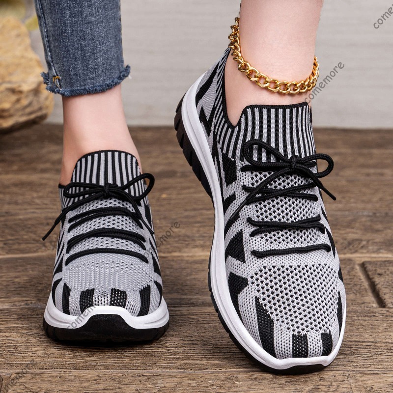 Knit Fabric Lace Up Sneakers - Gebreide instapsneakers voor dames Ademende veterschoenen