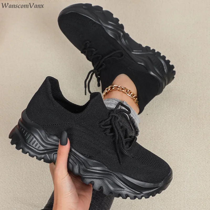Mode chunky platform sneakers  - Knit Fabric Lace Up Sneakers recensie en prijs